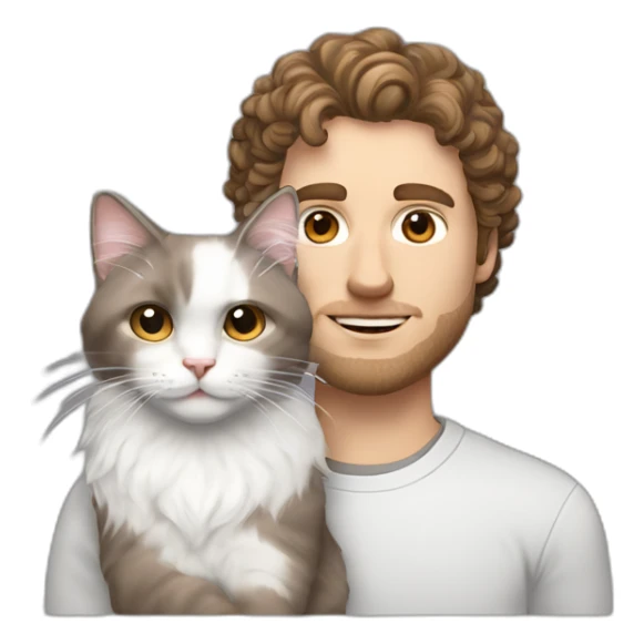 White man with brown curly hair, brown eyes, thick eyebrows, sharp jawline, bigger nose holding white and grey Ragdoll cat sticker