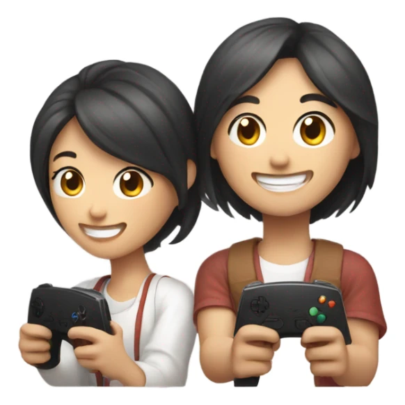 Cute asian couple happily playing video games sticker