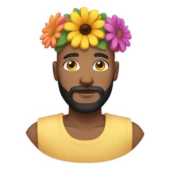 bald man with black beard and brown eyes and yellow skin with a colorful flowercrown on his head sticker
