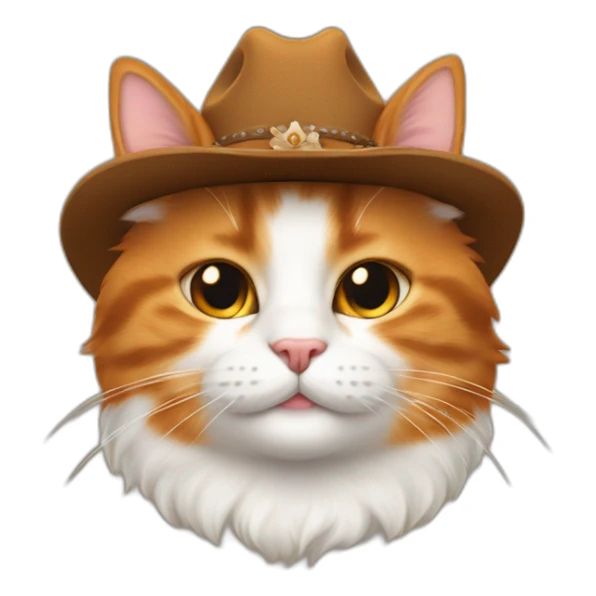 pure orange small chubby smiling hairy japanese bobtail cat while wearing a brown cowboy hat with the ears poking out of the hat sticker