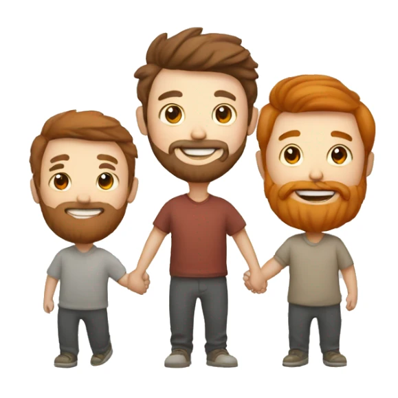 three happy men holding hands, the one in the middle has a red beard and brown hair, one is asian, two are white sticker