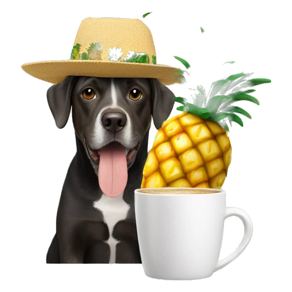 Dog wearing a hat with pineapples on it and a coffee cup  sticker