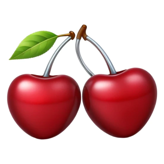 A pair of cherries emoji made of polished silver chrome, smooth rounded shapes, glossy metallic finish, soft highlights and reflections, cute proportions, iOS emoji style, centered, clean white background, no text sticker