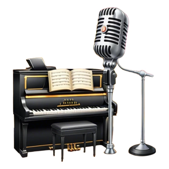 Icon for 50s American Musical Theater: a retro stage with neon lights, a classic microphone, musical notes, vintage theater curtains, and Broadway-style elements. Avoid focusing solely on the piano. Transparent background. sticker