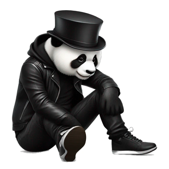 A panda with a top hat in a black leather jacket fashionable pants color Very dark so black and sports shoes of different colors Saying hello how are you sticker