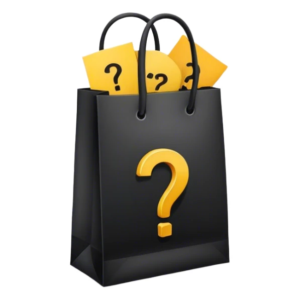 black goodiebag with questions mark stuffed in it  sticker