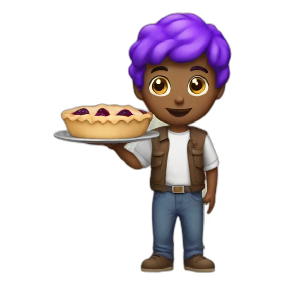 A little guy with a pie and a purple had sticker