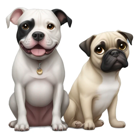 One eyed black and white pitbull sitting with pug sticker