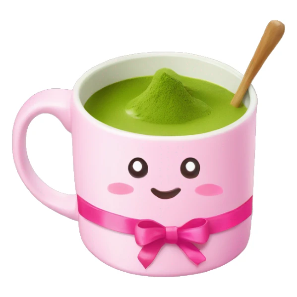 Matcha in a mug decorated with painted pink ribbons coquette sticker