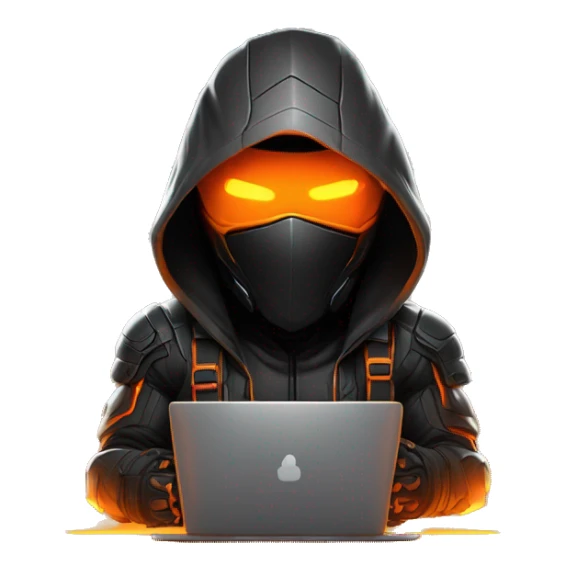  developer behind his laptop with this style : crysis Cyberpunk Valorant orange glowing bright orange character orange black hooded assassin themed character sticker