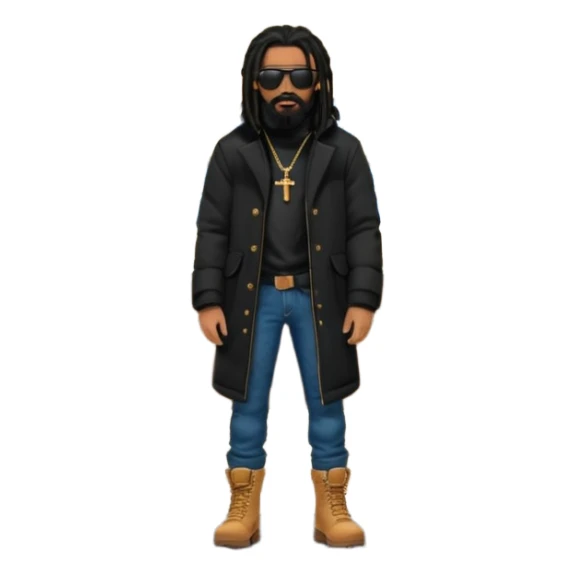 African American man with shoulder length black dreadlocks with black beard wearing black sunglasses wearing a black bubble winter coat  wearing denim skinny jeans and timberland boots standing in front of a Christian church sticker