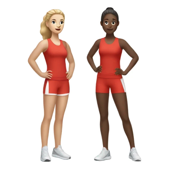 2 white woman in sportswear talking, one is red color sticker