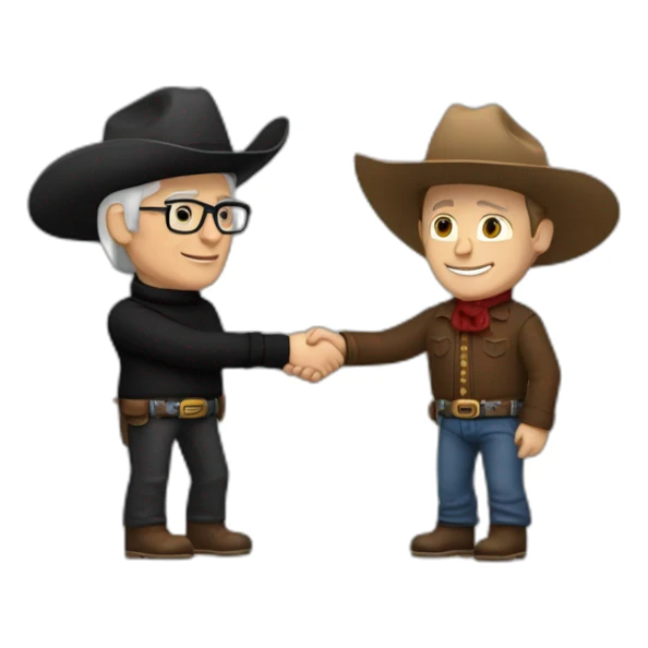 Tim Cook in black turtle neck shaking hands with a caucasian cowboy sticker