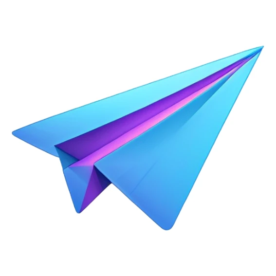 Telegram paper airplane logo in classic blue color, with neon glow lines, blue neon glow on top left, purple neon glow on bottom right sticker