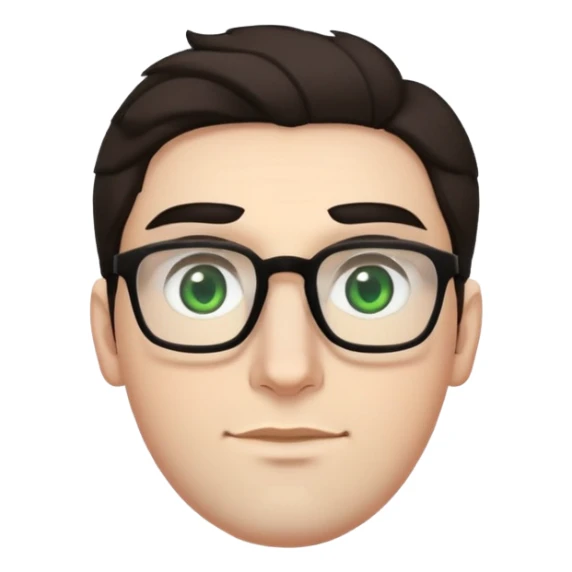 young man with pale skin, larger face, bigger nose, thick dark eyebrows, dark tall voluminous slightly wavy hair styled up high on head but not curly, wearing glasses with green eyes and very light stubble, with a slight smile sticker