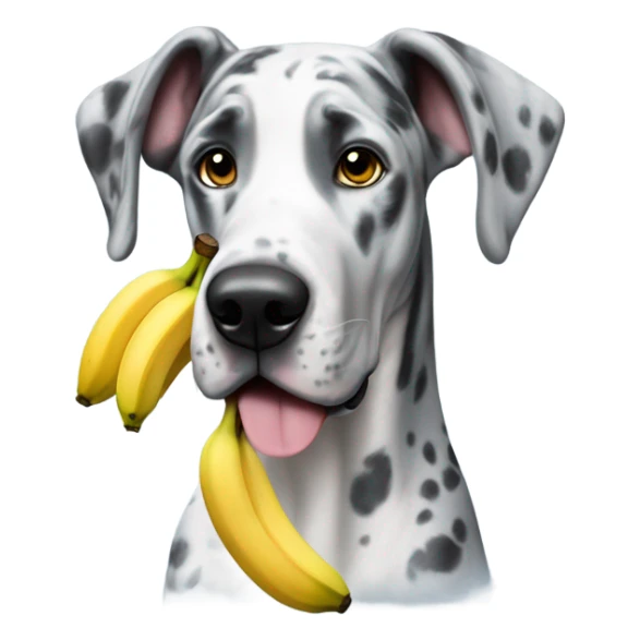 Blue Merle Great Dane holding a banana sticker