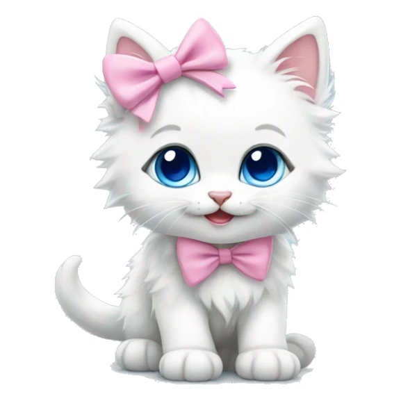 A happy cute fluffy white kitten with blue eyes and a pink bow  sticker