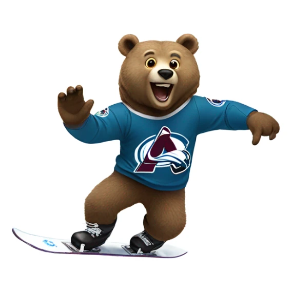 Bear on a snowboard in Colorado avalanche jersey doing hardcore tricks sticker