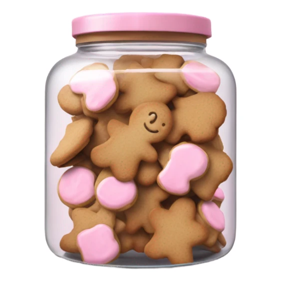 Realistic glass cookie jar with light pink lid full of gingerbread cookies isolated.  sticker