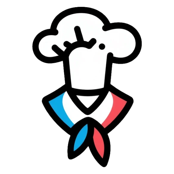 a pastry chef with a blue, white, and red collar sticker