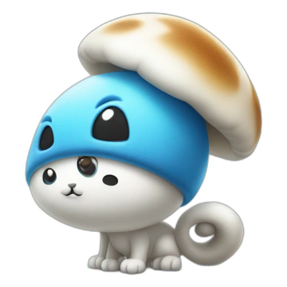 Blue smurf cat with large black eyes wearing a large white mushroom on his head casting a show on his face with a neutral face sticker