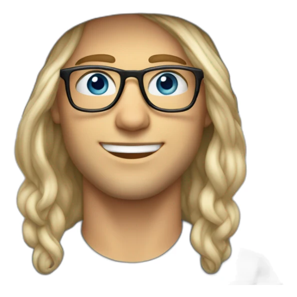 Handsome man smiling with glasses and blue eyes. long blond hair. Backwards grey hat sticker