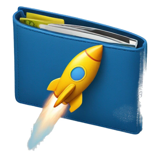 in the emoji style of a blue colored wallet linked to a rocket sticker