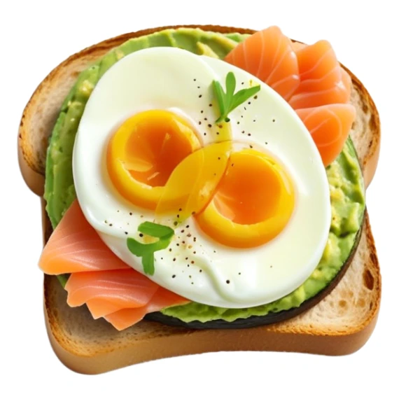 mashed avocado on sourdough toast with soft boiled egg and smoked salmon sticker
