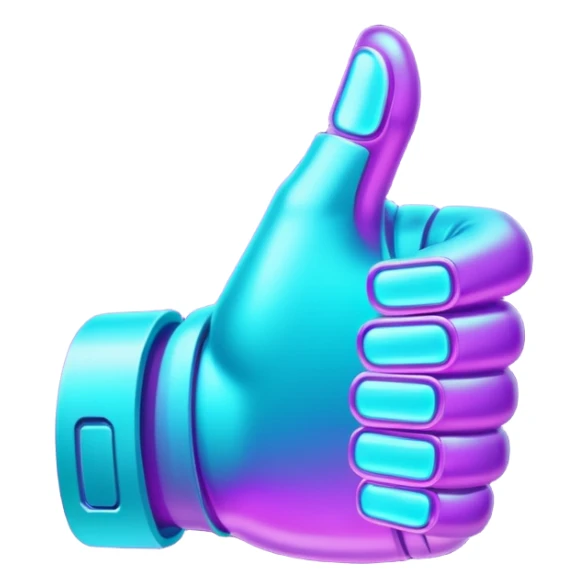 futuristic glowing thumbs up, neon purple and cyan light, dark background, digital tech style sticker