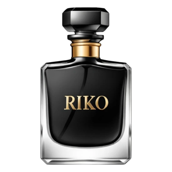 Realistic detailed black luxury perfume bottle with the name Riko on the front sticker