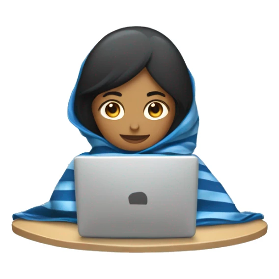 Chica crespa morena con una manta azul con rayas blancas y un computador sticker