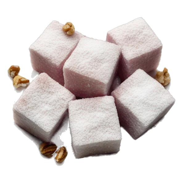 Turkish delight stacked cubes with chopped walnuts and covered with powdered sugar, on a porcelain plate sticker