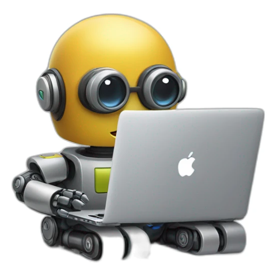 A cute little geeky robot typing on a MacBook Pro  sticker