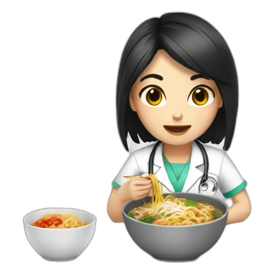 doctor girl with dark hair eating ramen bowl sticker