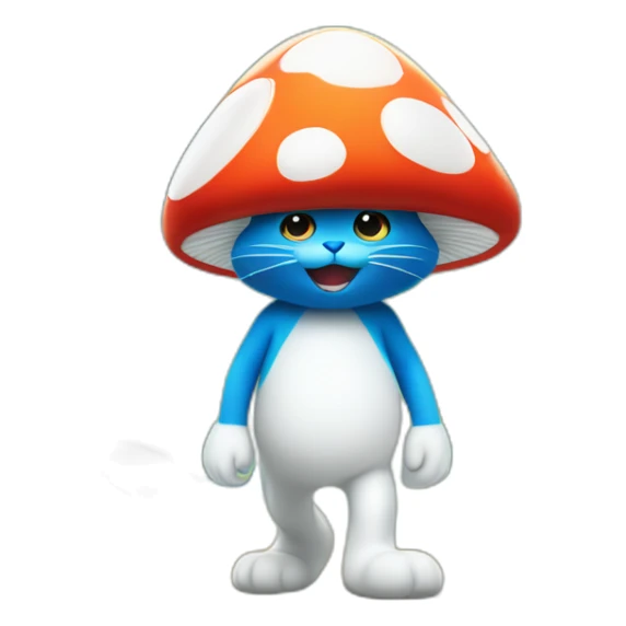 Smurf the cat walks through the forest with white pants and a white hat in the shape of a mushroom sticker