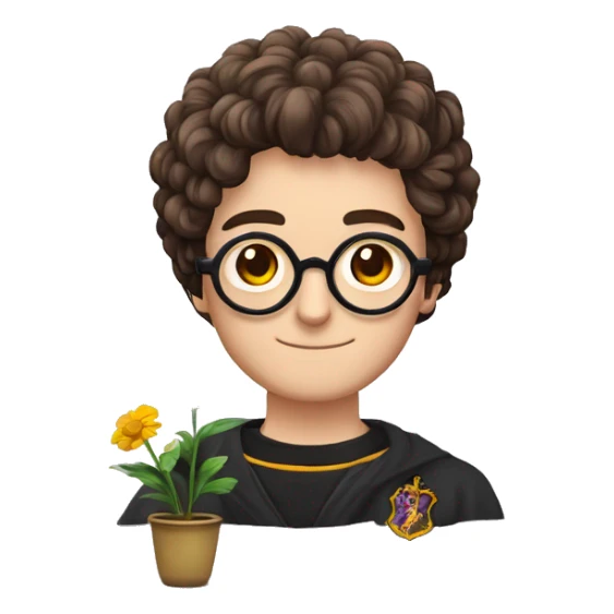 Harry potter avec les cheveux bouclés avec un pot de fleur dans les main  avec des lunettes rondes et ça cicatrices en forme de trait vertical sur le front sticker