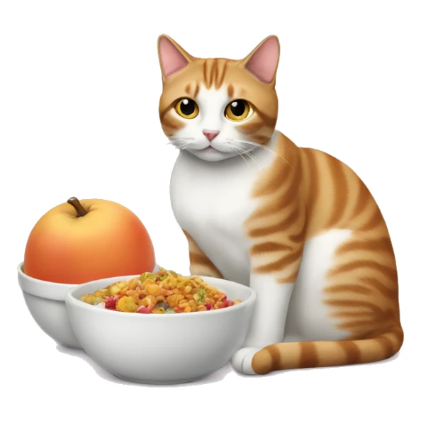 Create an image of the same cat sitting beside a bowl of food sticker
