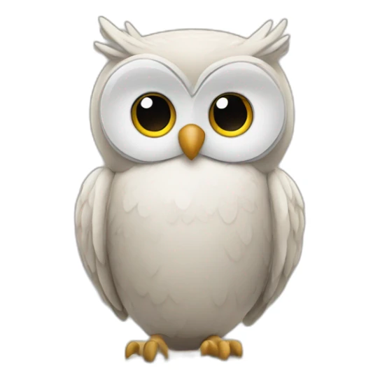 owl standing in front of a computer sticker