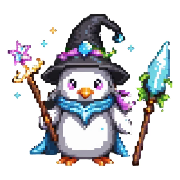 penguin wizard with magical sparkles, a unicorn, fairy, and tiny goblin companion sticker