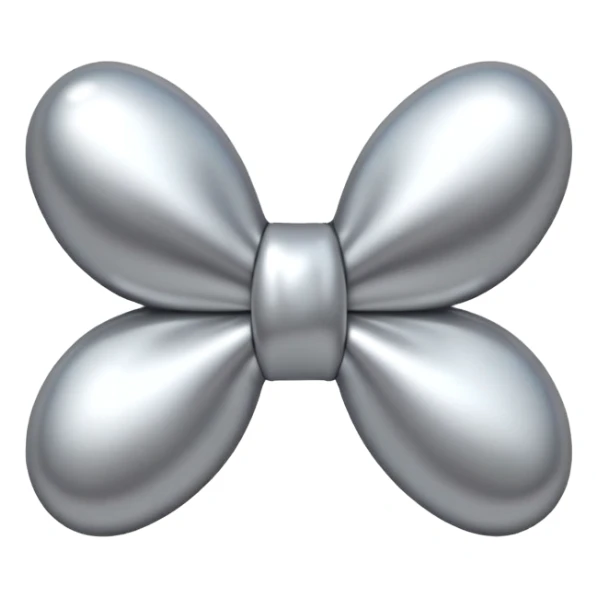 A cute bow emoji made of polished silver chrome, smooth rounded loops, glossy metallic surface, soft mirror reflections, subtle highlights, minimal and adorable proportions, iOS emoji style, centered composition, clean white background, soft studio lighting, no text, no outline, ultra high quality sticker