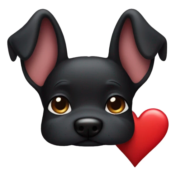 Black dog with up ears holding heart sticker