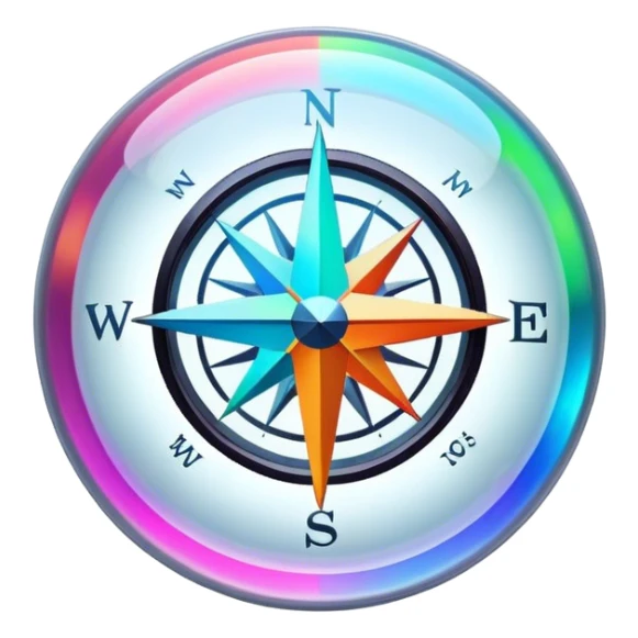 A glowing holographic compass with vibrant neon colors, inside a crystal-clear floating sphere sticker