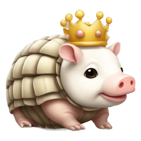 Beige and white piebald chubby round armadillo pig panda centipede armadillo wearing a crown sticker