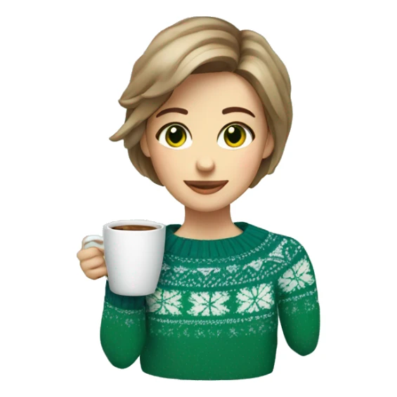 Light brown short haired girl with green eyes drinking coffee wearing blue Christmas sweater sticker