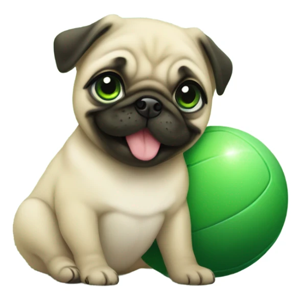 Cute Smiling Baby pug with green eyes playing with a green ball sticker