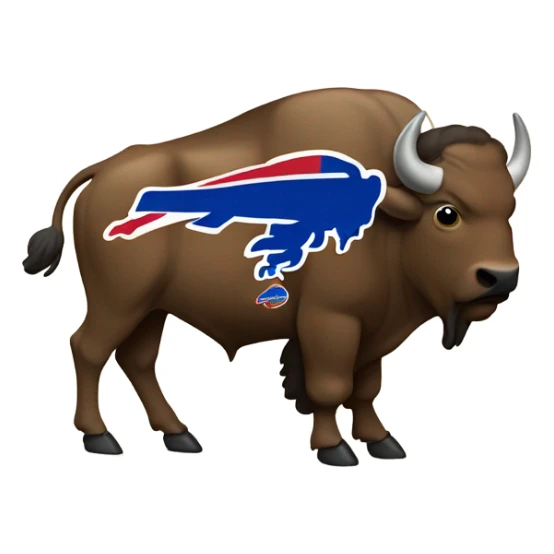 A brown buffalo wearing a blue bills jersey sticker