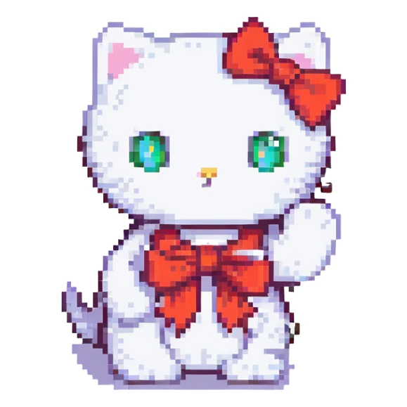 Make Hello Kitty wave, pixel art style, white cat with red bow, retro video game look, no background sticker