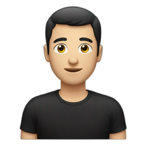 White man with very short black hair in black T-shirt sticker
