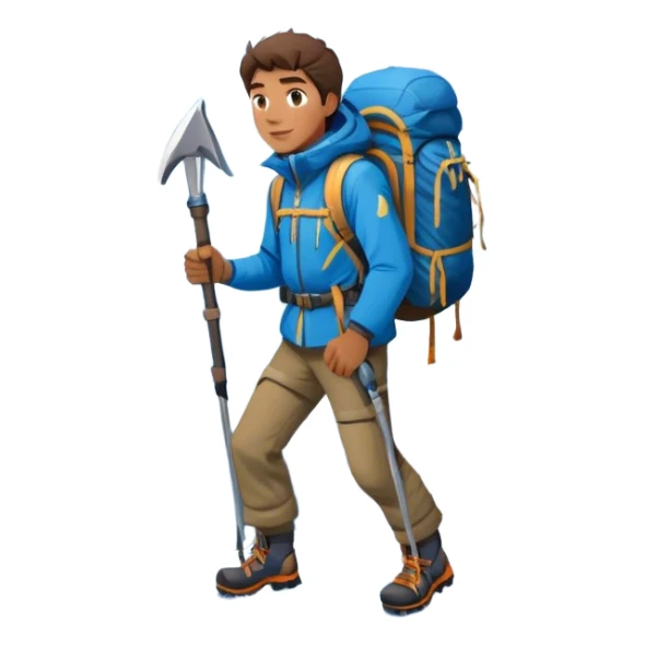 Icon for Mountain Tourism and Climbing: a mountain peak in the background, with a hiker carrying a backpack, an ice axe, and wearing climbing gear. The icon should capture the adventure and challenge of alpine exploration. Transparent background. sticker