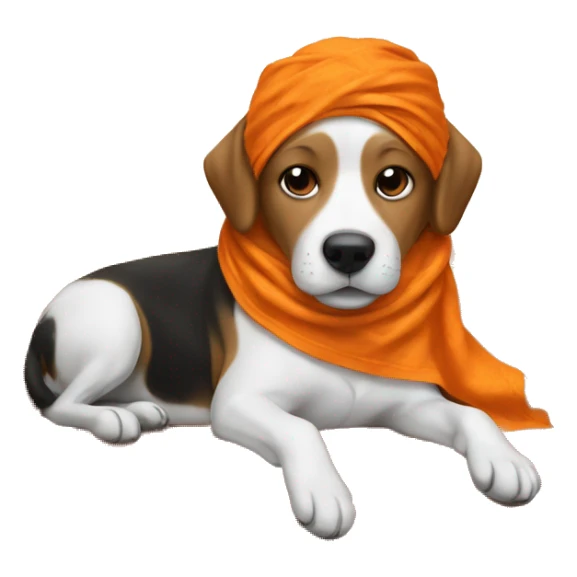 dog laying on a couch, wearing orange bandana sticker